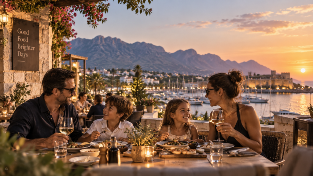 Family enjoying dinner by the sea in Northern Cyprus